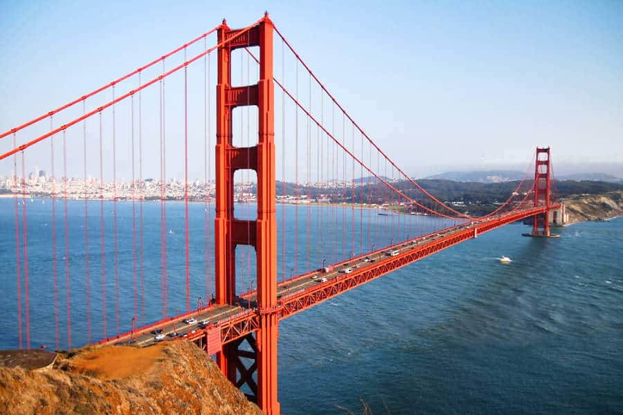 The San Francisco Golden Gate Bridge under the clear blue sky in California