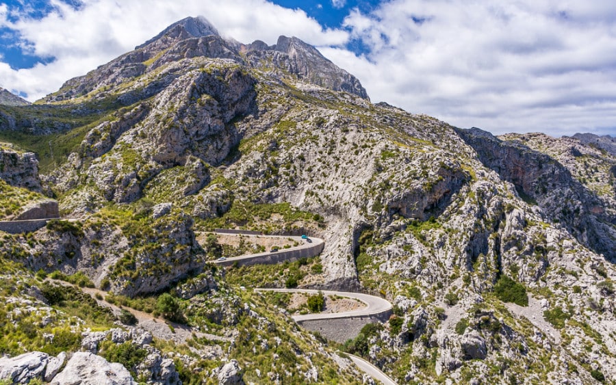 View of the hairpin turn mountain road in Mallorca