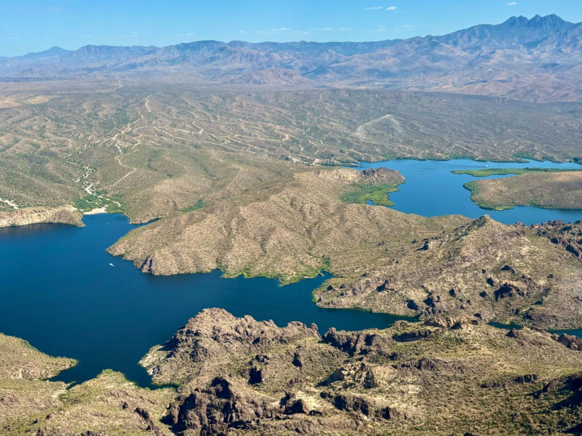 Aerial view of the mountain ranges and Saguaro Lake