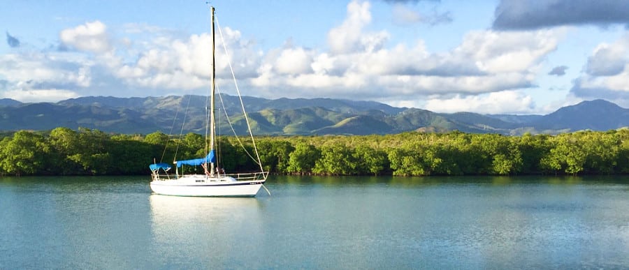 View of a sailing boat in Jobos Bay, Guayama on a sunny day