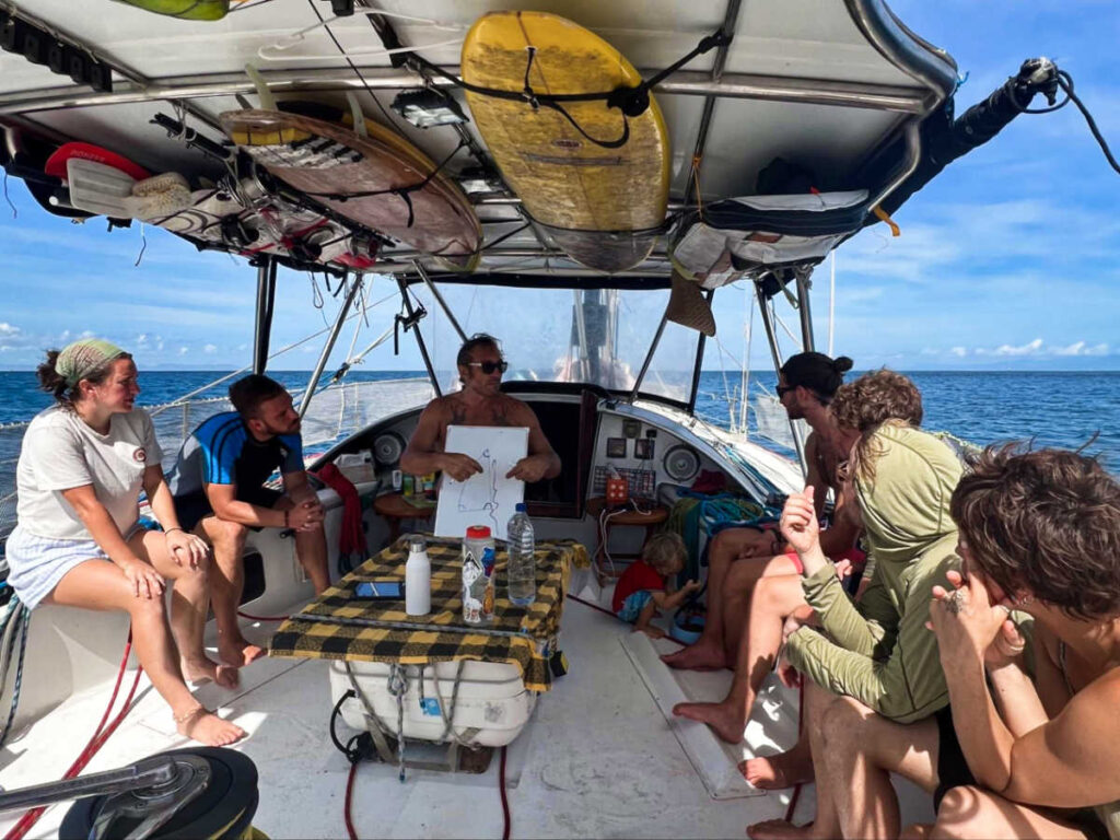 The crew on their sailing lesson on the boat