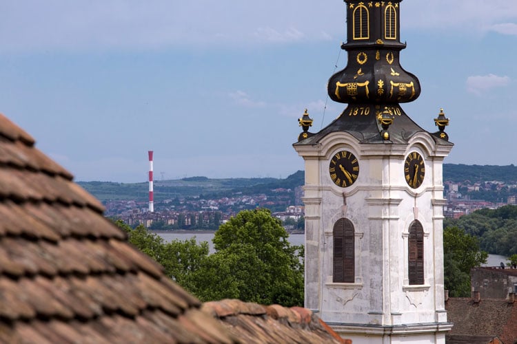 Old tower against a panoramic view of Zemun