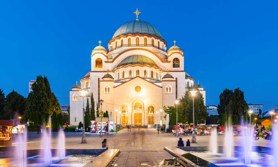 View of Saint Sava Temple and water fountains of the foreground