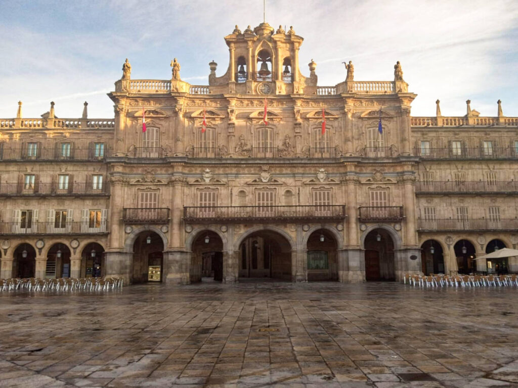 Exterior view of the intricate architecture of Plaza Mayor