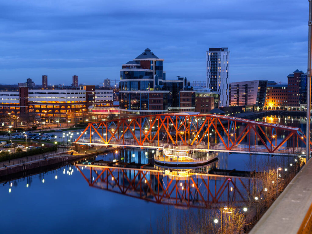Aerial view of Salford Quays at night