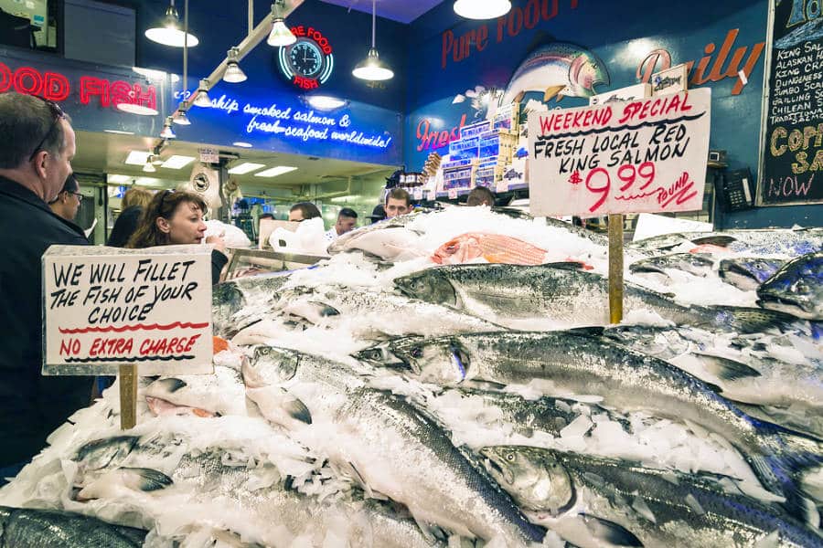 Lots of Salmon are displayed in the local market in Seattle