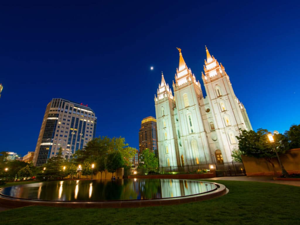 The Salt Lake Utah Temple with lights at night
