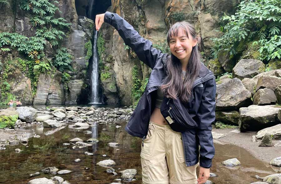 The author posing for a photo in Salto do Cabrito waterfall 