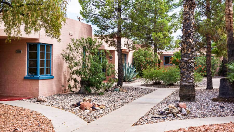 View of the multiple pathways leading to the classic bungalow apartments in Sam Hughes