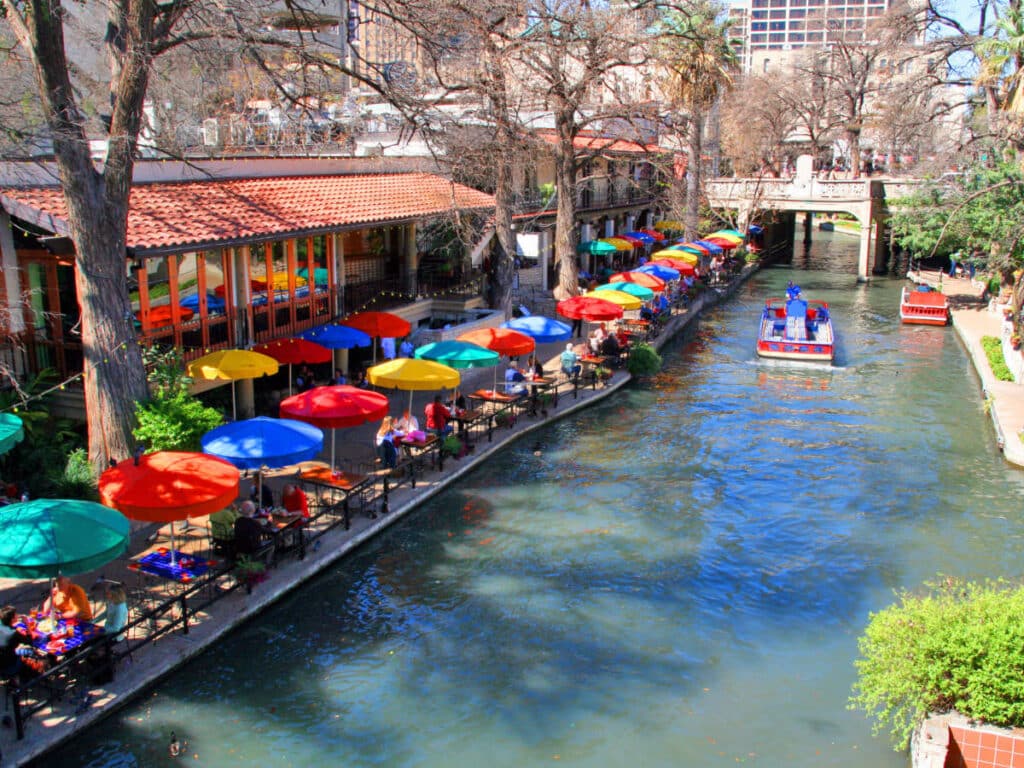 Colorful umbrellas along the San Antonio Riverwalk