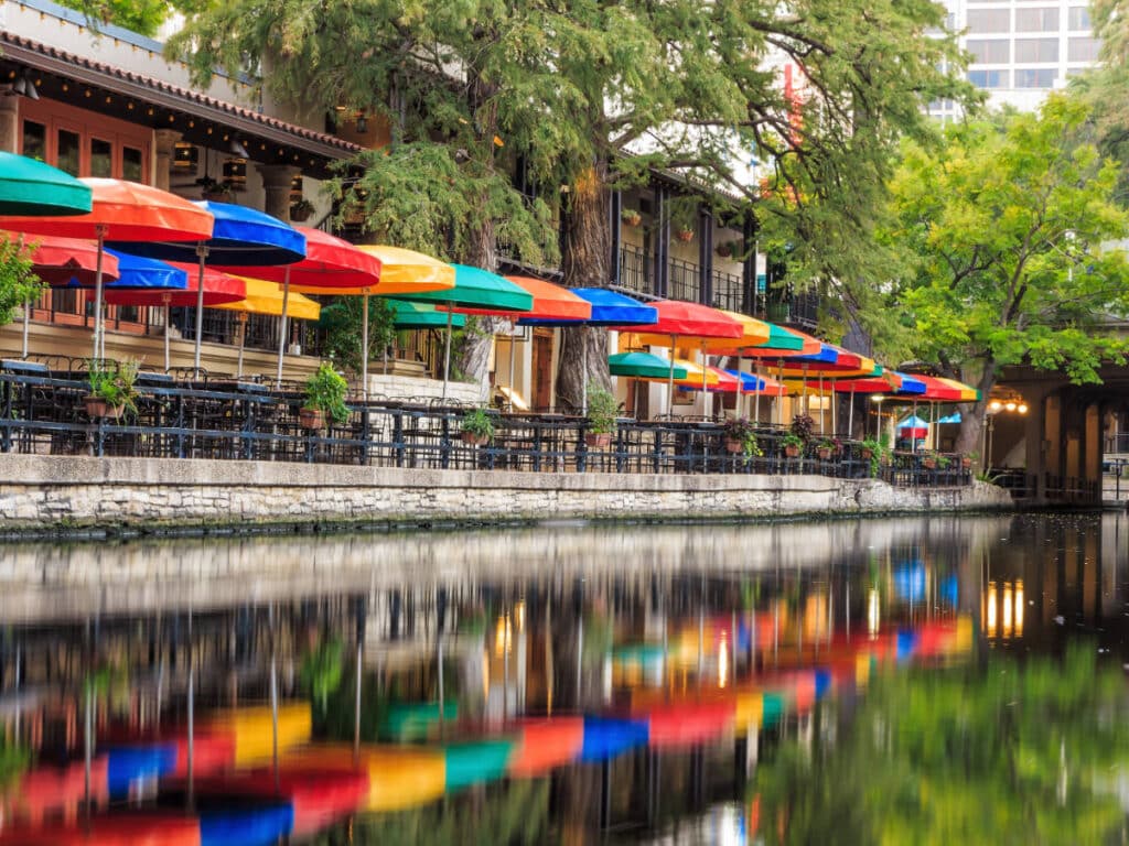 Colorful umbrellas at the San Antonio Riverwalk