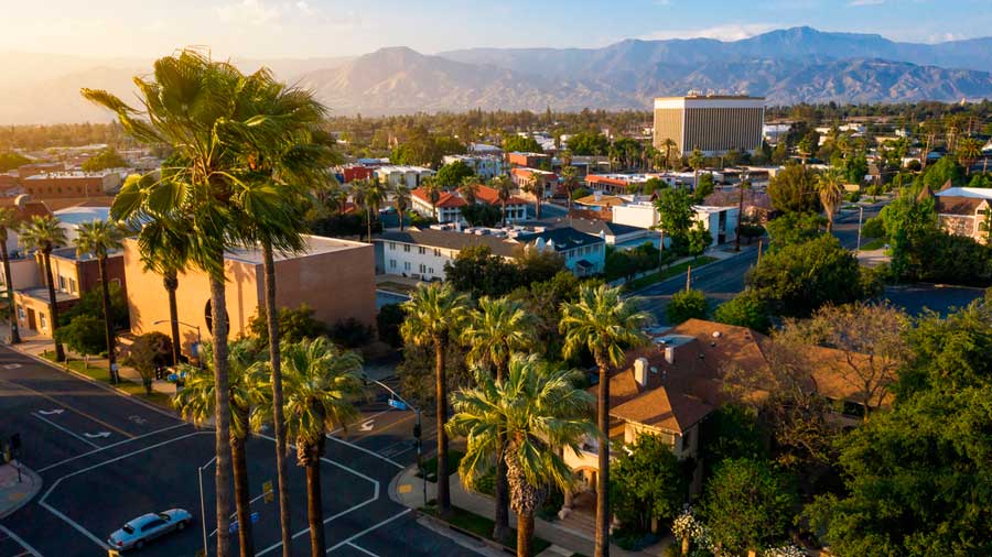 Overlooking view of the San Bernardino city center during sunset