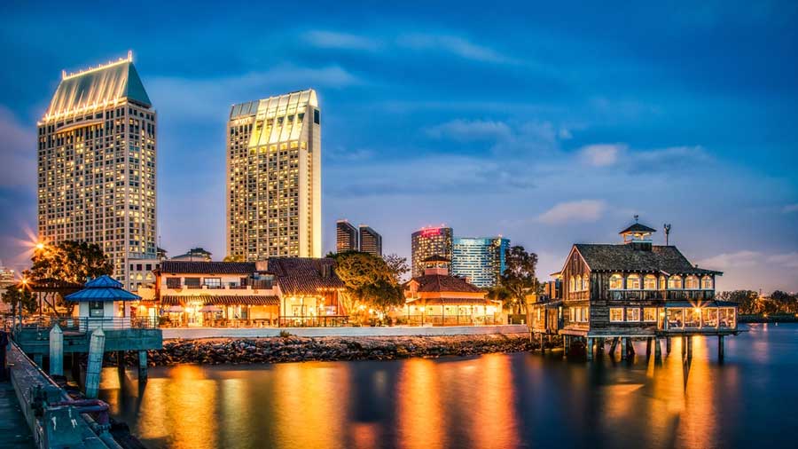 Buildings illuminated at night in San Diego
