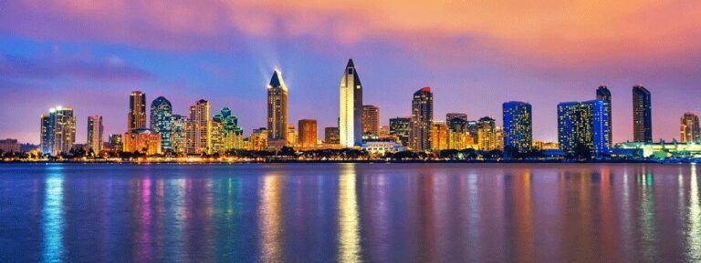 View of San Diego skyline reflected in calm water
