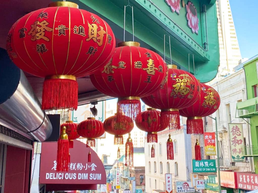 View of the Chinese lanterns in front of the Dim Sum restaurant