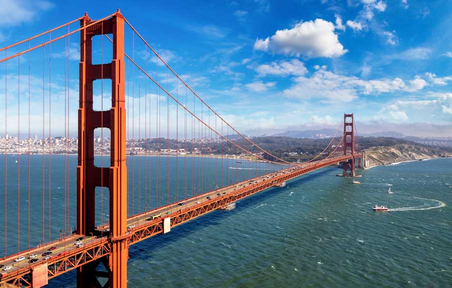 The San Francisco Golden Gate Bridge under the clear blue sky in California