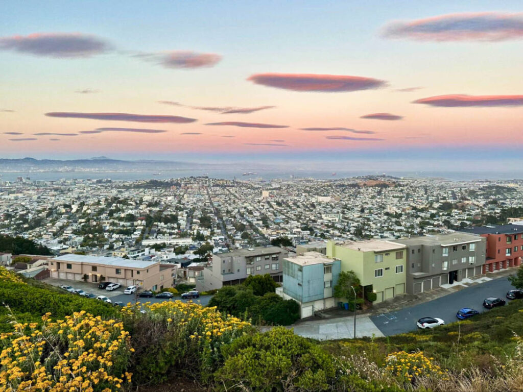 Scenic view of the sunset over the skyline in San Francisco