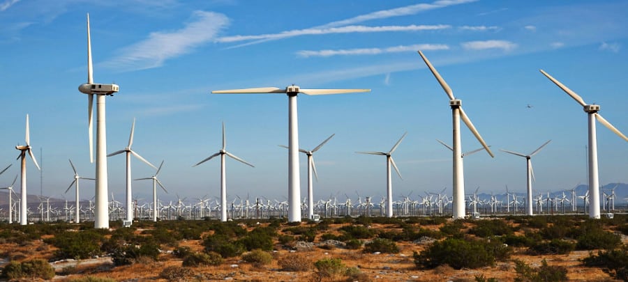 A large wind farm of windmills in San Gorgonio Pass Wind Farm