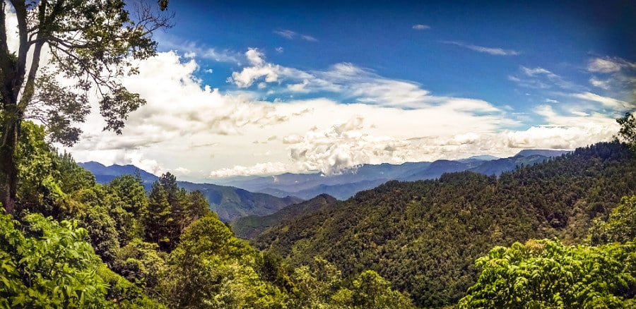 Panoramic view of the lush mountain landscape and blue sky