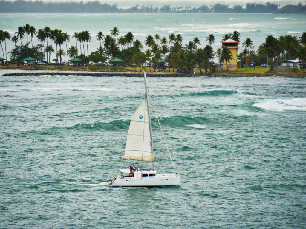 Aerial view of a catamaran sailing on the big waves
