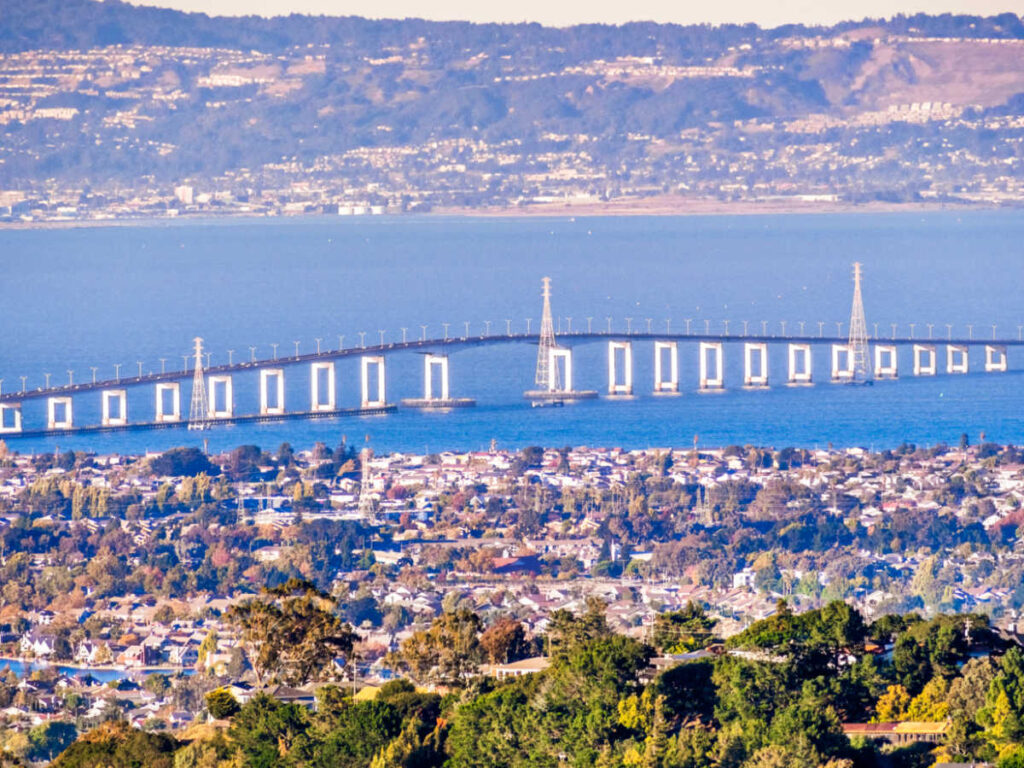 View of the San Mateo Bridge and the city skyline