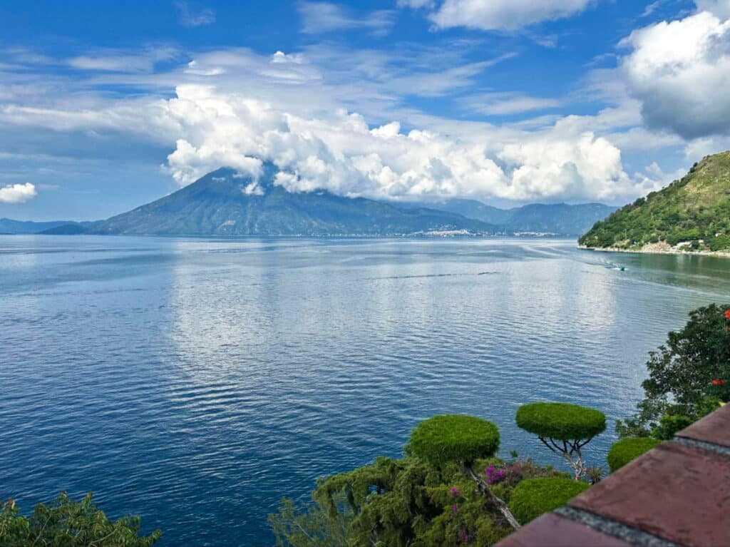 View of San Pedro Volcano from across the lake on a sunny day