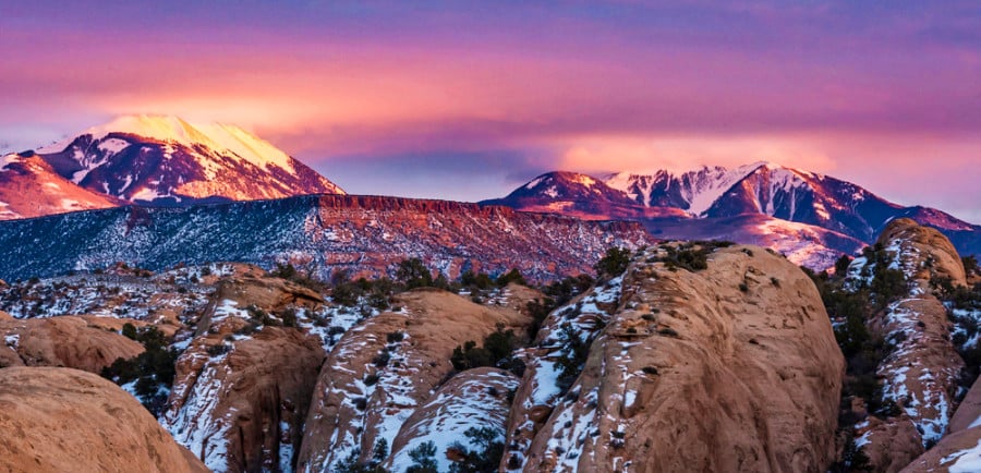Scenic view of the sky and LaSal peaks at sunset from the Sand Flats Recreation Area