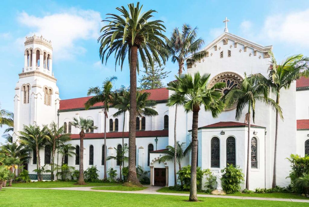 View of Santa Barbara County Courthouse and the clear blue sky