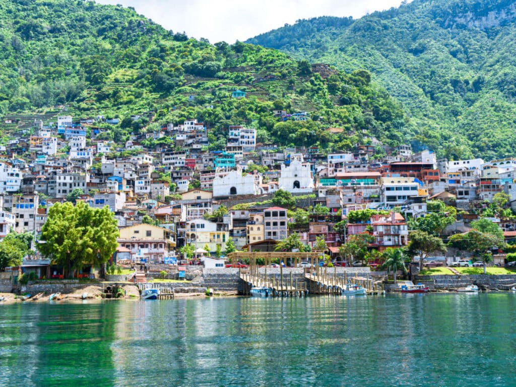 View of the colorful buildings in San Antonio Palopo on Lake Atitlan