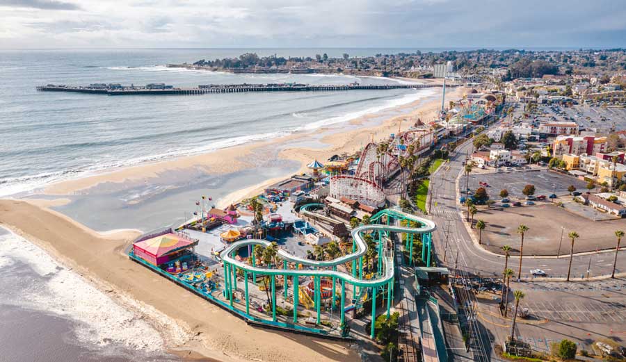 Aerial view of the Santa Cruz boardwalk amusement park