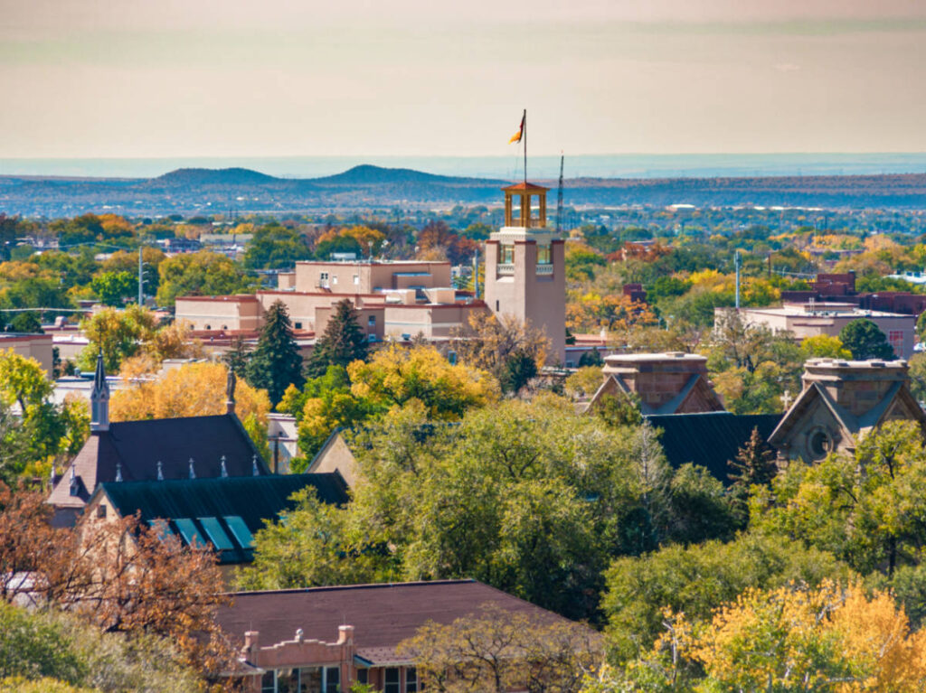 Aerial view of the greenery and buildings in Santa Fe in early fall