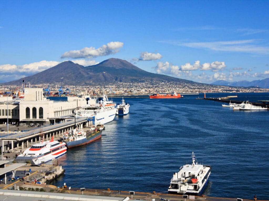 Picturesque view of Mount Vesuvius from Santa Lucia harbor