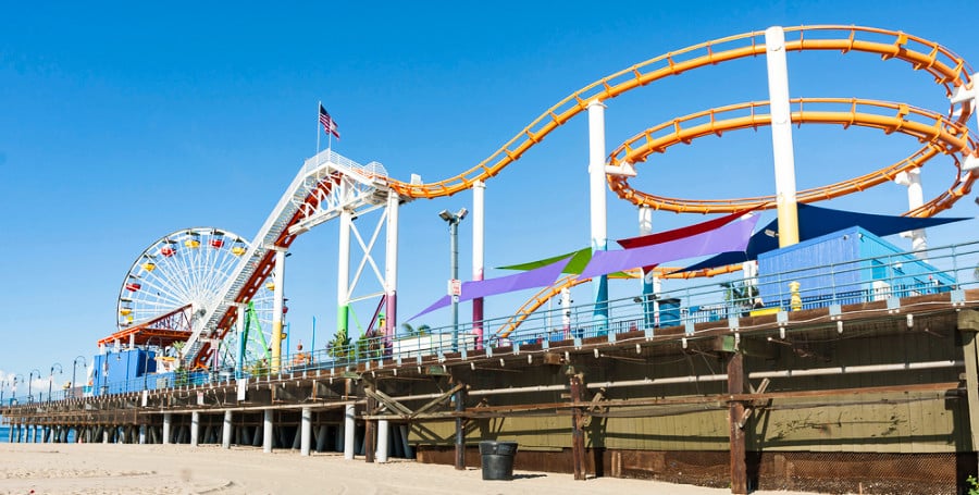 An image of Santa Monica Pier rides right on the beach.