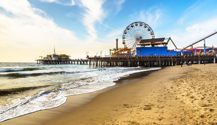 View of the ferris wheel from afar in Santa Monica Pier