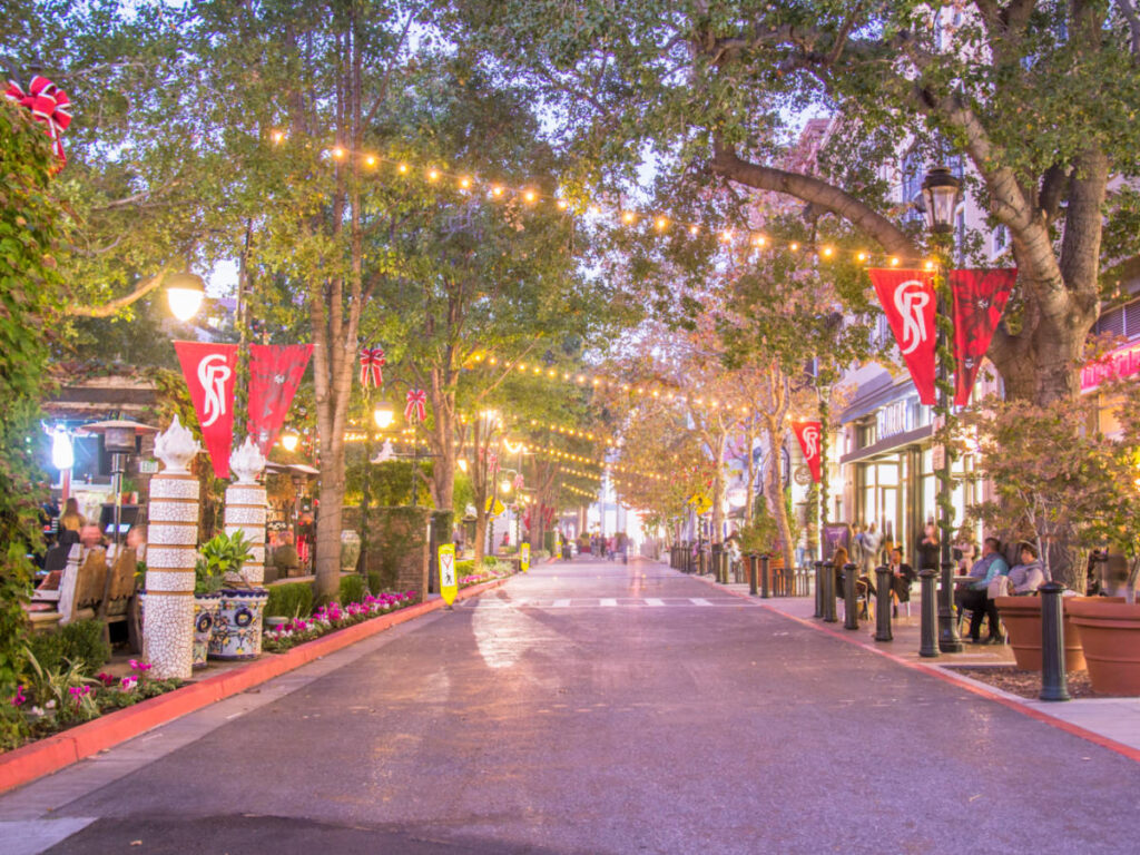 View of San Jose's Santana Row in the evening