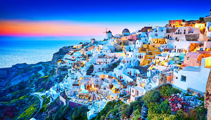 View of Santorini Greece and the colorful sky
