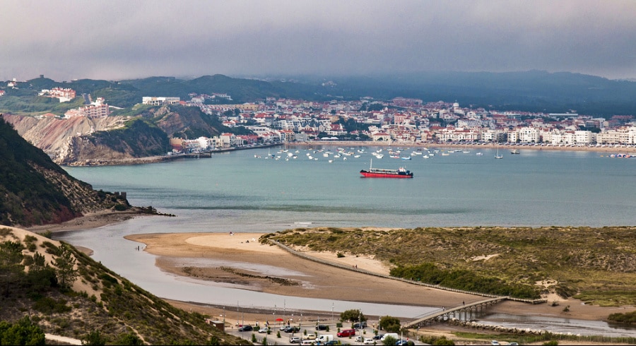 Aerial view of the scenic bay of São Martinho do Porto Beach