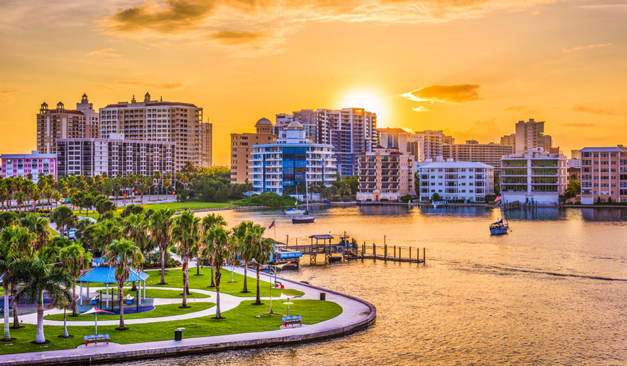 View of Sarasota downtown skyline during sunrise