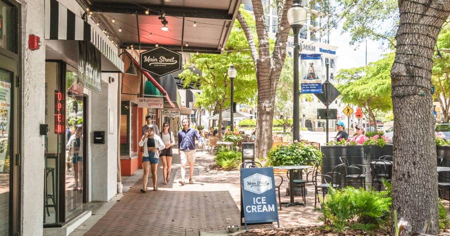 Tourists strolling around downtown Sarasota.