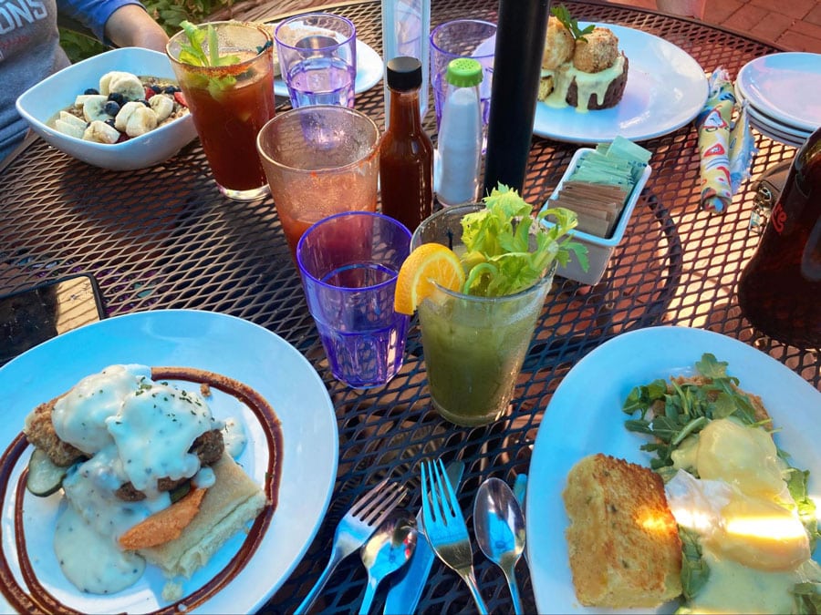 Different kind of dishes and drinks in Sassafras American Eatery