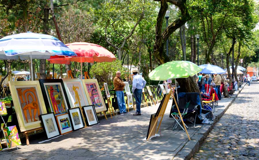 Arts displayed on side street during Saturday Bazaar in Mexico City