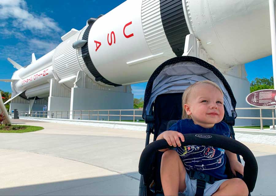 The author's son checking out the rockets in Rocket Garden