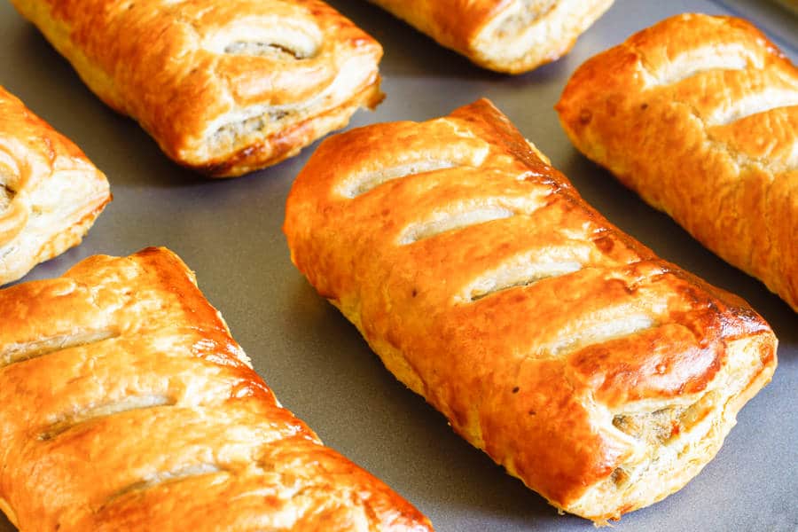 Closeup view of the crispy and savory baked sausage rolls
