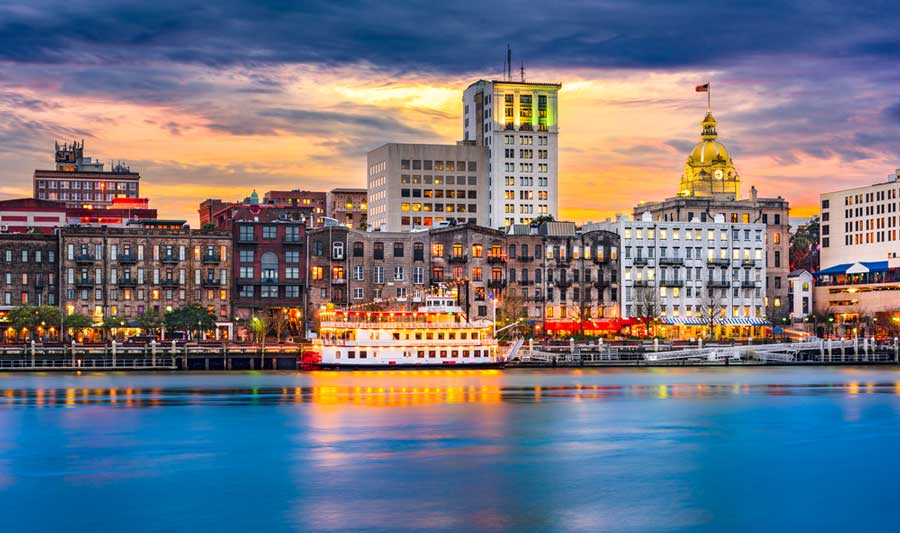View of a ship on the Savannah Historic District river in Georgia