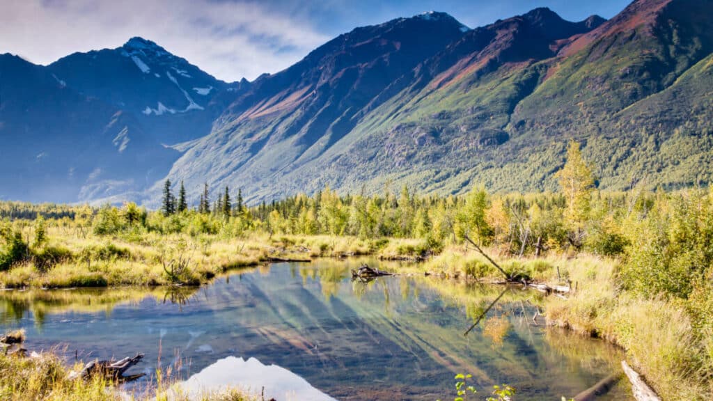 Panoramic view of the great mountain and landscape of Eagle River Nature Center reflecting on the water