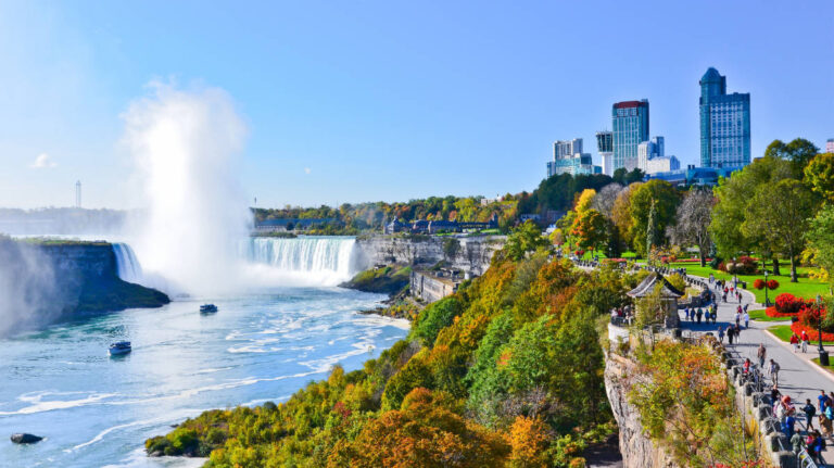 Overlooking view of people admiring the Niagara Falls