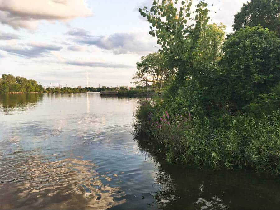 View of the Schuylkill River from Bartram’s Garden at sunset