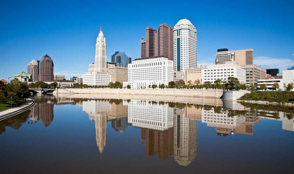 The reflection of Ohio skyline on the Scioto River