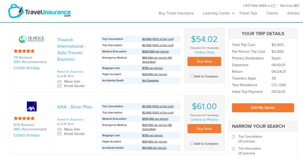 Screenshot of TravelInsurance portal