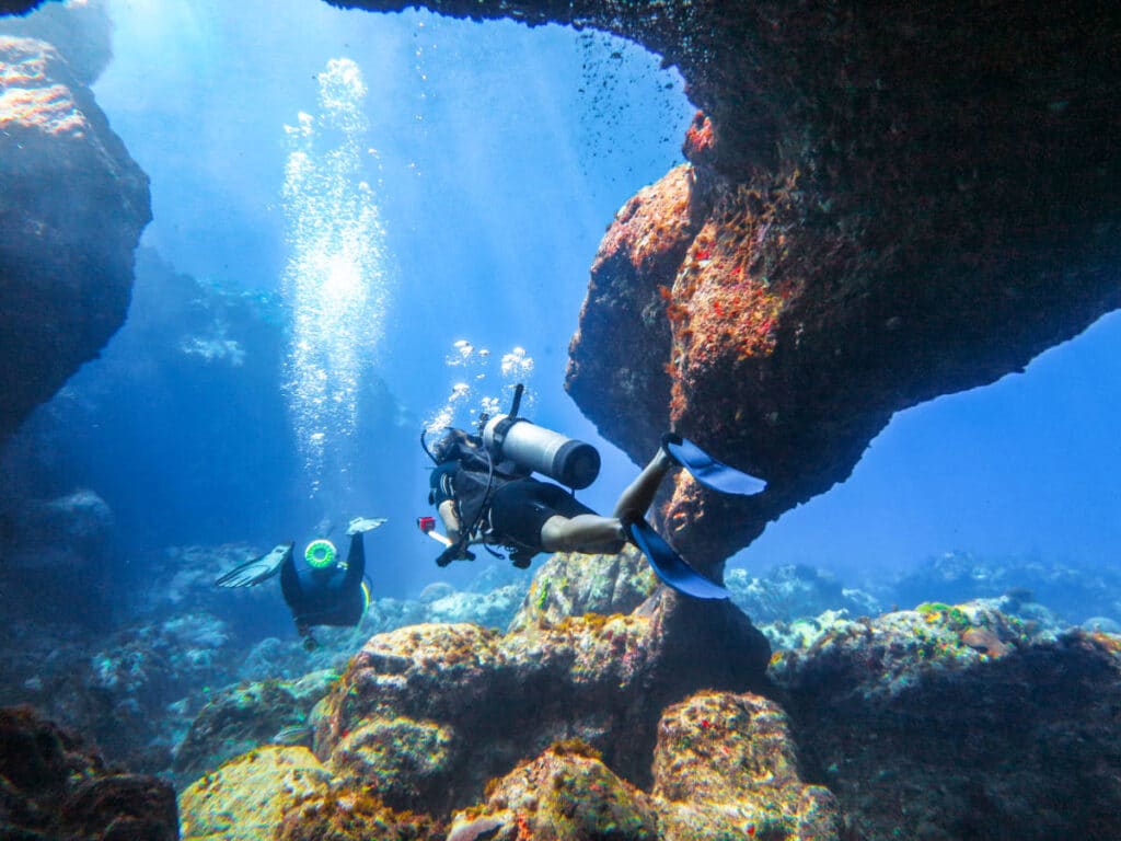 View of the scuba divers at the underwater caves at Desecheo